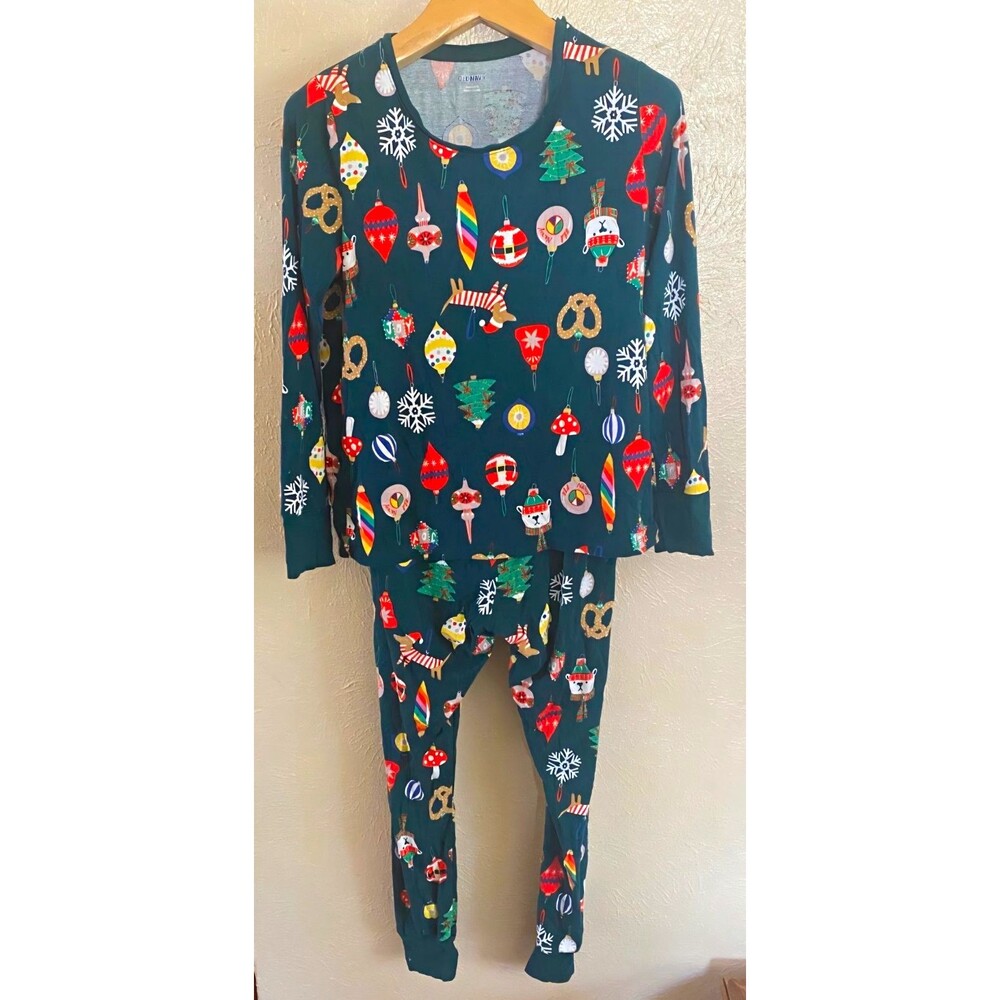 Old Navy Women's L Christmas Ornaments Match The Fam Pajama Set Green Cotton
